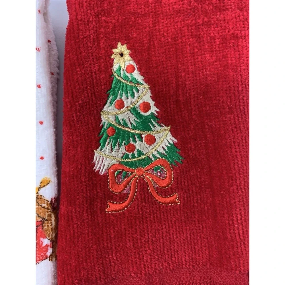 Christmas Towels Fingertip Hand Vintage Santa 100% Cotton Velour Terry Set of 3